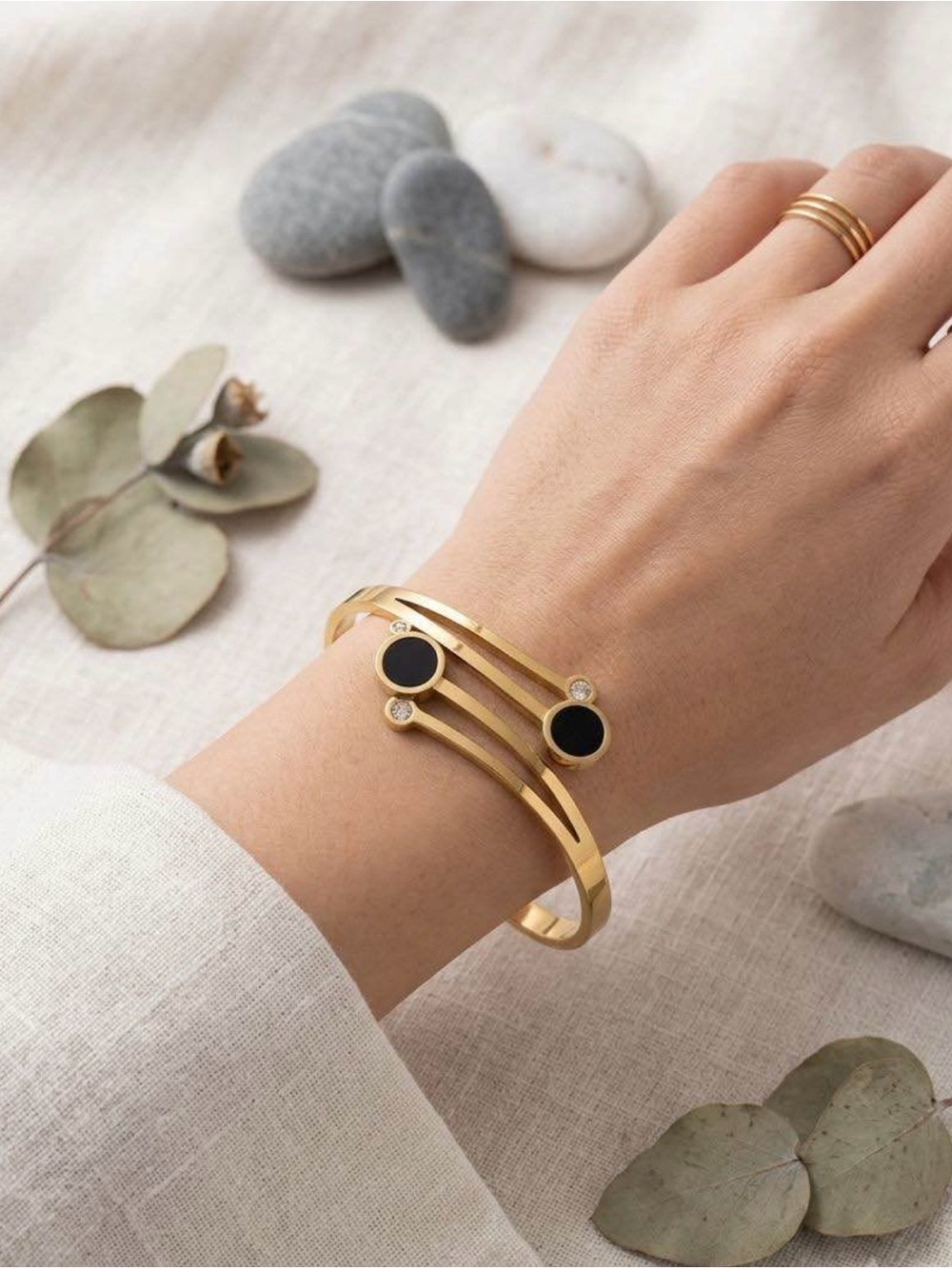 Gold Bracelet with Black Enamel Accents - Women's Jewelry